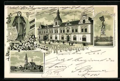 Lithographie Wattenscheid, Rathaus, St. Gertrudispfarrkirche, Krieger-Denkmal