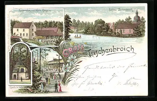 Lithographie Tüschenbroich, Restaurant und Mühle Königs, Garten, Kapelle im Walde