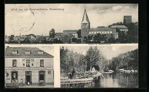 AK Wassenberg, Wassenberger Nähmaschinen und Fahrradhaus, Partie im Marienbruch, Teilansicht mit Kirche