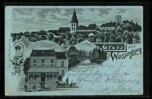 Lithographie Wassenberg, Hotel-Restaurant von Max Graab, Marienbruch, Totalansicht