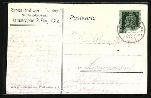 AK Nürnberg-Gebersdorf, Katastrophe 1912, Zerstörtes Gross-Kraftwerk Franken, Explosion