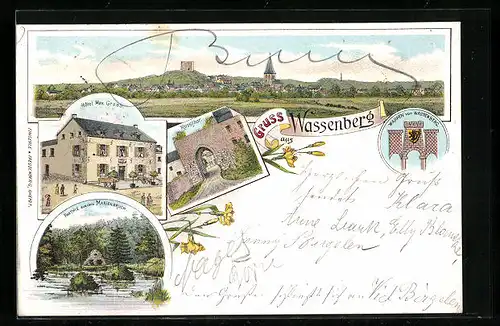 Lithographie Wassenberg, Hotel Max Graab, Partie aus dem Marienbruch, Rosstor