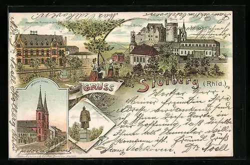 Lithographie Stolberg /Rhld., Ortspartie mit Post, Kirche und Burg, Mühlener Kirche