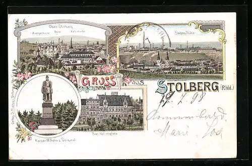 Lithographie Stolberg /Rhld., Ortsansichten Ober-Stolberg und Stolberg-Mühle, Post am Kaiserplatz