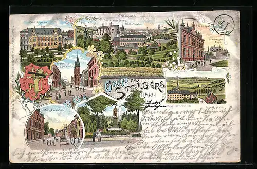 Lithographie Stolberg /Rhld., Totalansicht, Strassenpartie mit Sparkasse und Burg, Wappen