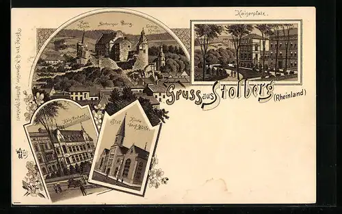 Lithographie Stolberg /Rhld., Teilansicht mit Burg und Kirchen, Kaiserpfalz