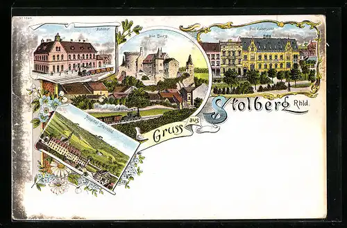 Lithographie Stolberg /Rhld., Post am Kaiserplatz, Bahnhof, Teilansicht mit Burg