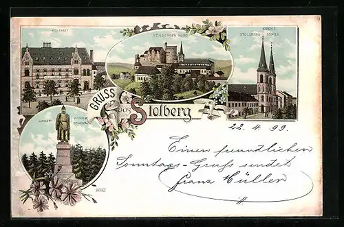 Lithographie Stolberg /Rhld., Burg mit Umgebung, Kirche in Stollberg-Mühle