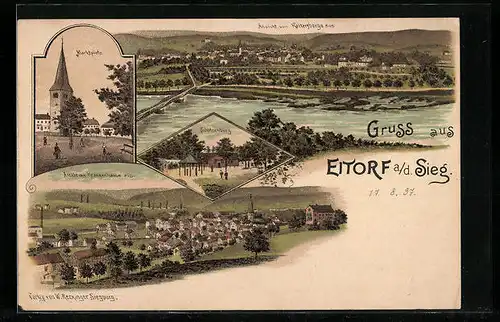 Lithographie Eitorf /Sieg, Ortsansichten, Marktplatz