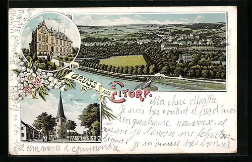 Lithographie Eitorf, Gesamtansicht, Krankenhaus, Marktplatz