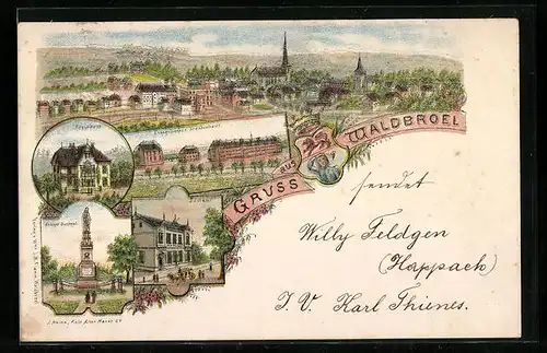 Lithographie Waldbroel, Ortsansicht, Evang. Krankenhaus, Postamt