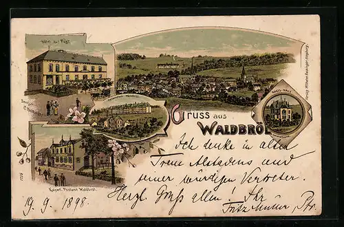 Lithographie Waldbröl, Gesamtansicht, Hotel zur Post, Strassenpartie mit Post