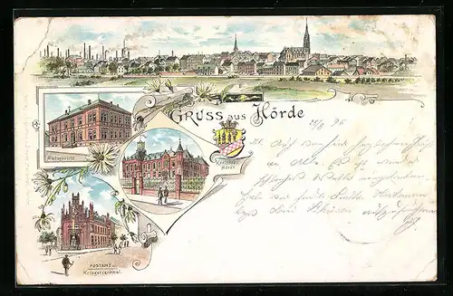Lithographie Hörde, Ortspanorama, Amtsgericht, Kreishaus, Wappen