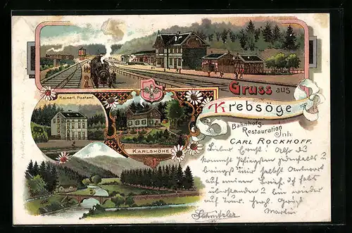 Lithographie Krebsöge, Bahnhof mit Umgebung, Karlshöhe, Postamt, Wappen
