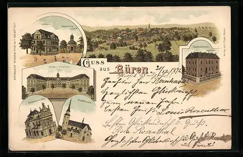 Lithographie Büren, Gesamtansicht, Taubstummen-Institut, Lehrer-Seminar