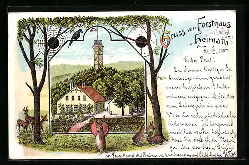 Lithographie Bad Lippspringe, Gasthof Forsthaus Heimath mit Aussichtsturm, Hasen und Rehe