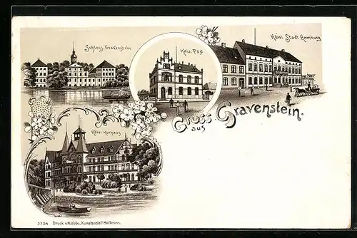 Lithographie Gravenstein, Schloss Gravenstein, Kais. Post, Hotel Stadt Hamburg, Hotel Kurhaus
