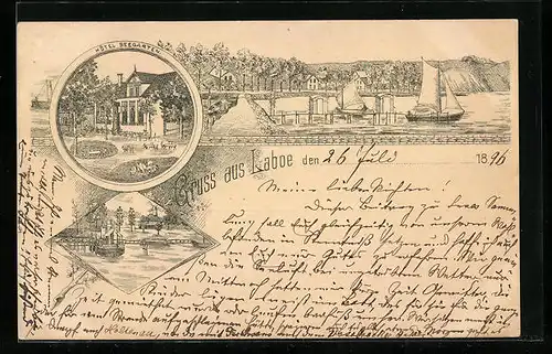 Lithographie Laboe, Steg mit Segelbooten, Hotel Seegarten