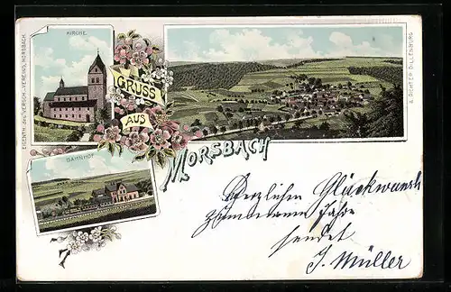 Lithographie Morsbach, Ortsansicht, Kirche, Bahnhof