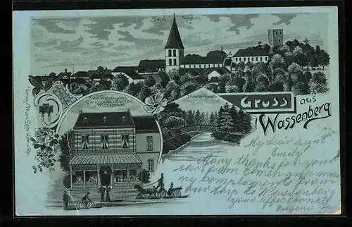Mondschein-Lithographie Wassenberg, Ortsansicht, Hotel-Restaurant Conditorei u. Café v. Max Graab