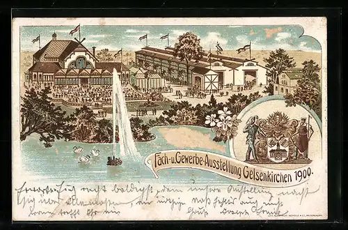 Lithographie Gelsenkirchen, Fach- u. Gewerbe-Ausstellung 1900, Ansicht mit Springbrunnen