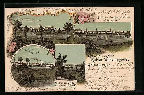 Lithographie Gelsenkirchen, Kaiser-Wilhelmsgarten, Grotte, Hauptbrücke
