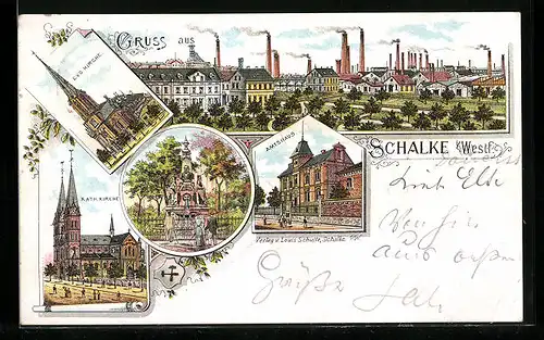 Lithographie Schalke i. Westf., Ortsansicht, Evg. Kirche, Kath. Kirche, Amtshaus