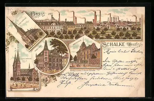 Lithographie Schalke i. Westf., Ortsansicht, Evg. Kirche, Kath. Kirche, Post-Amt, Amtshaus