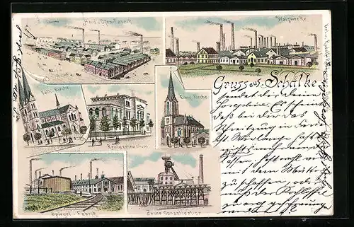 Lithographie Schalke, Walzwerke, Herd- u. Ofen-Fabrik, Spiegel-Fabrik