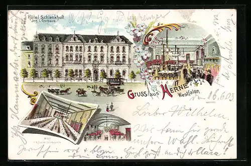 Lithographie Herne /Westfalen, Hotel Schlenkhoft, Inh.: L. Grothaus
