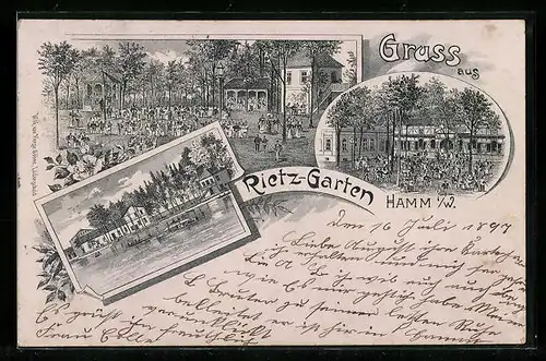 Lithographie Hamm i. W., Rietz-Garten mit Ruderpartie