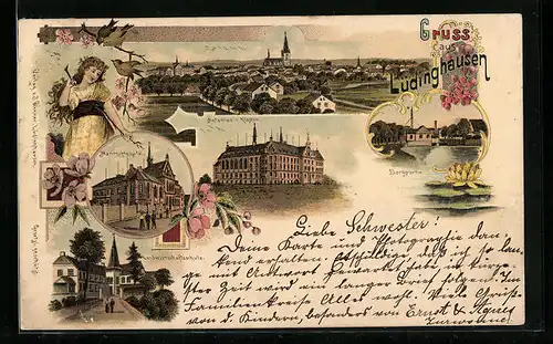 Lithographie Lüdinghausen, Ortsansicht, Antonius-Kloster, Marien-Hospital