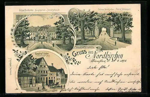 Lithographie Nordkirchen, Gasthof Lücke, Schloss