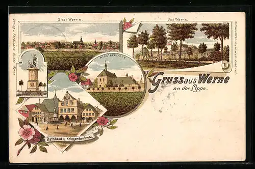 Lithographie Werne an der Lippe, Klosterkirche, Rathaus und Kriegerdenkmal