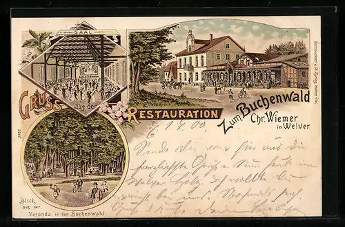 Lithographie Welver, Restaurant zum Buchenwald, Veranda