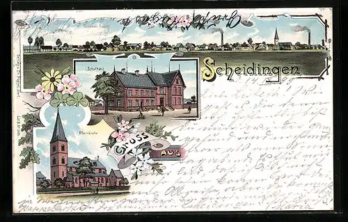 Lithographie Scheidingen, Schulhaus, Pfarrkirche, Panorama