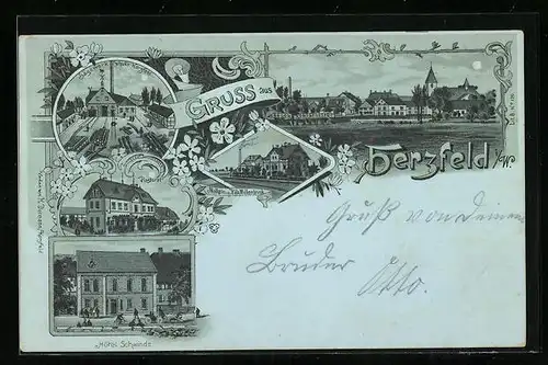 Lithographie Herzfeld i. W., Hotel Schwinde, Sägewerk Schulte, Pastorat