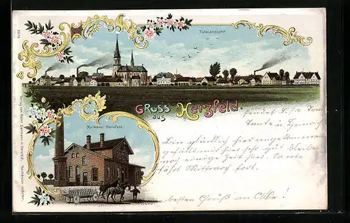 Lithographie Herzfeld, Molkerei, Totalansicht der Ortschaft