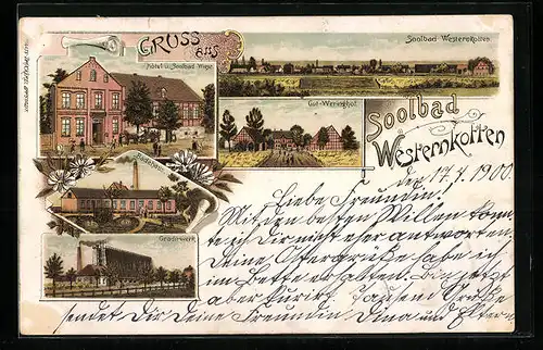 Lithographie Westernkotten, Hotel und Soolbad Wiese, Badehaus, Gradierwerk