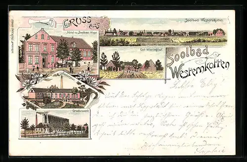 Lithographie Westernkotten, Hôtel Wiese, Gradierwerk, Badehaus, Gut Weringhof