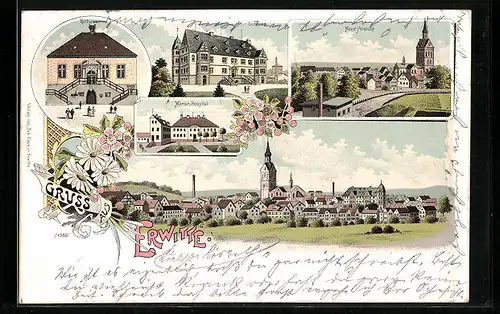 Lithographie Erwitte, Rathaus, Marien-Hospital, Schloss