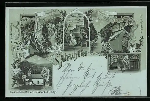 Lithographie Golling, Salzachöfen, Kapelle