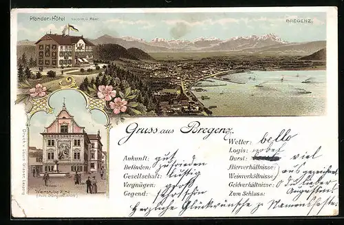 Lithographie Bregenz, Ortsansicht aus der Vogelschau mit Pfänder-Hotel, Weinstube Kinz zum Bürgermeister