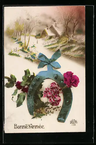 AK Hufeisen mit Blüten, Bonne Année