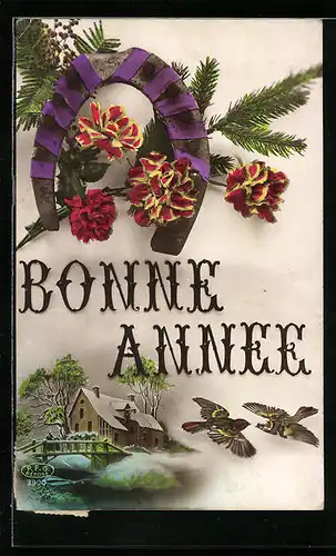 AK Bonne Année, Hufeisen mit Blüten