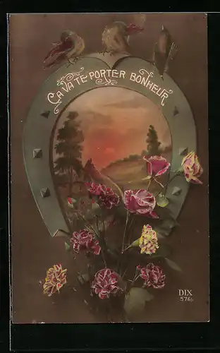 AK Hufeisen mit Blüten und untergehender Sonne