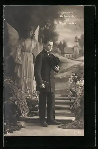 AK Glückwunsch zur Konfirmation, Junge mit Schutzengel