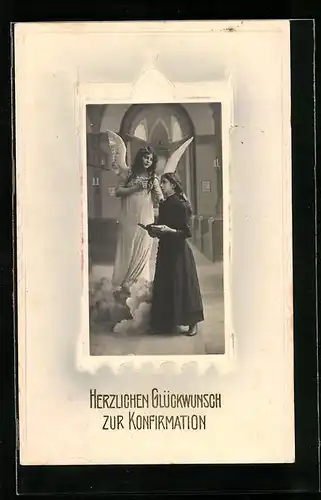 AK Glückwunsch zur Konfirmation, Junge Dame mit Schutzengel
