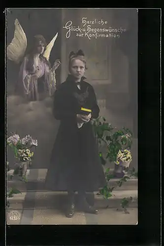 AK Junge Dame mit Gebetsbuch und Schutzengel zur Konfirmation