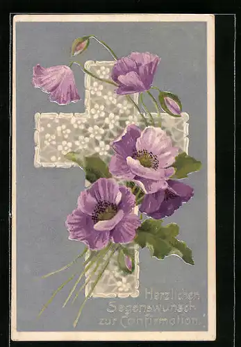 AK Kreuz mit Blüten, Segenswunsch zur Konfirmation